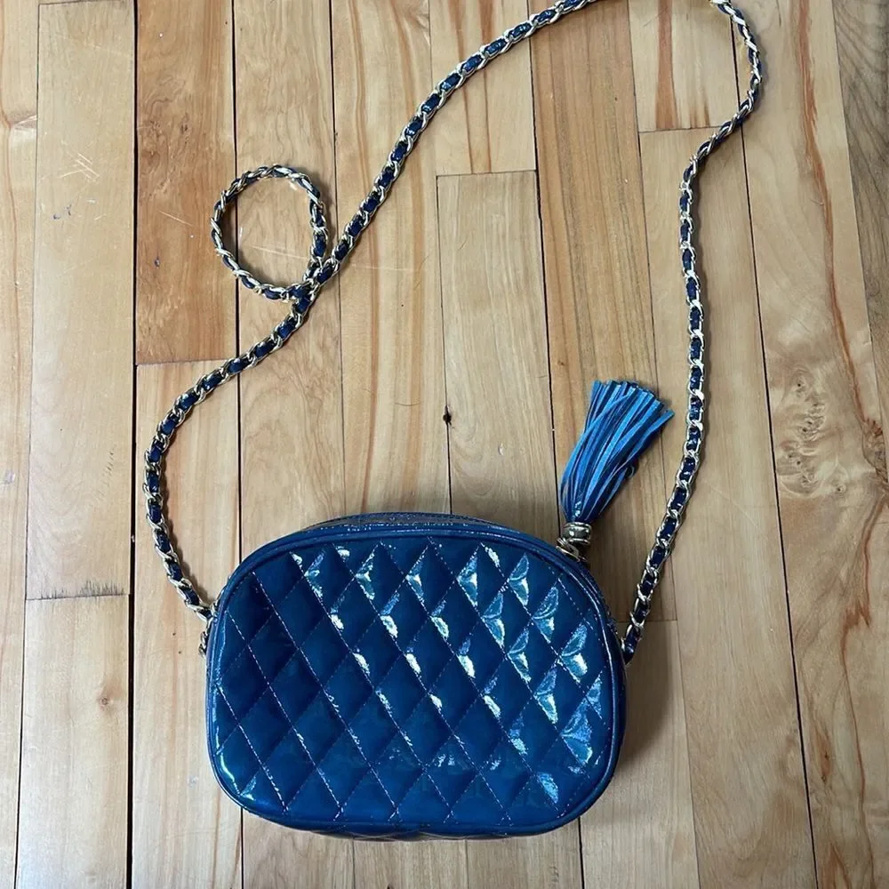 Nordstrom deep teal quilted patent leather woven chain crossbody bag. Tassel zip